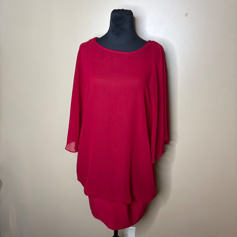 MSK Womens Red Chiffon Popover Flutter Sleeve Cocktail Dress L Evening Party